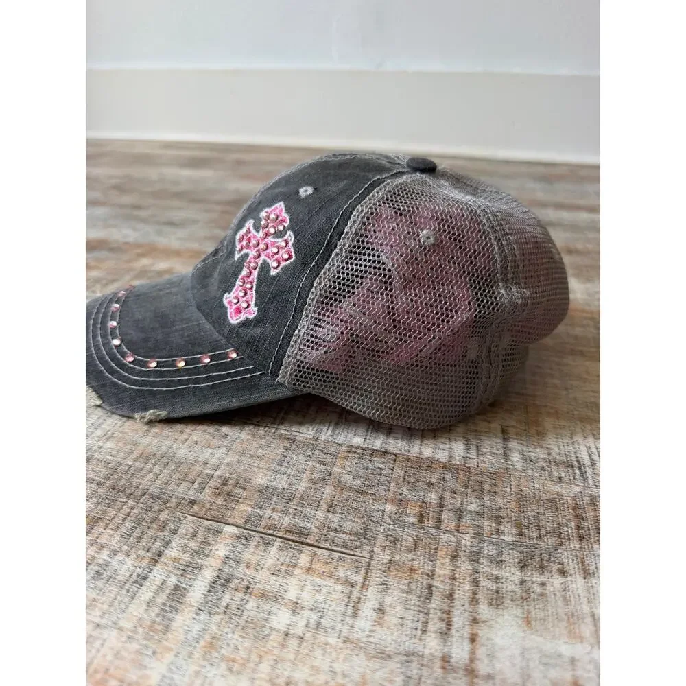 Katydid Gray Distressed Y2K Pink Rhinestone Embellished Cross Baseball Cap